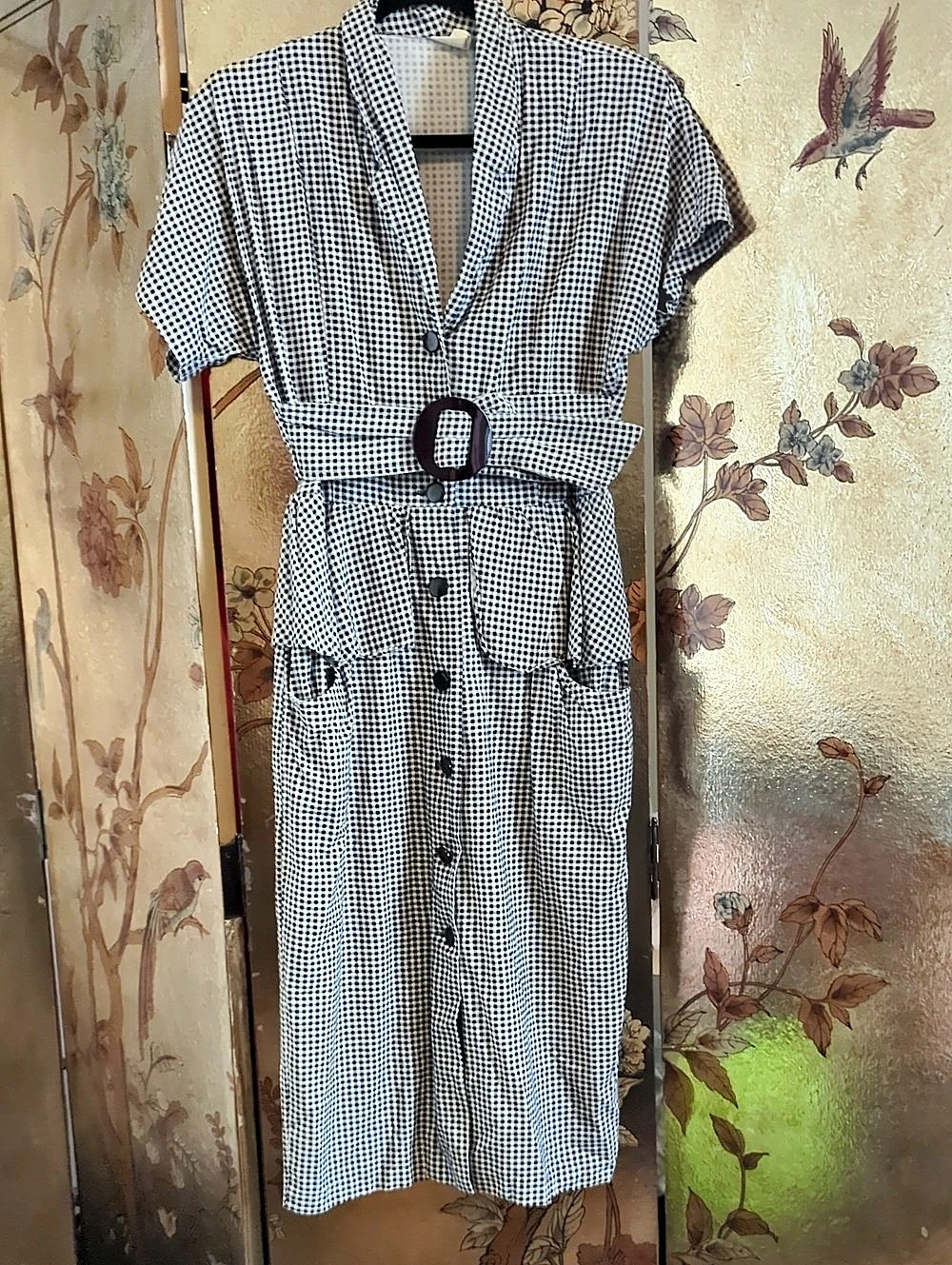 Checkered Belted Peplum Midi Dress
